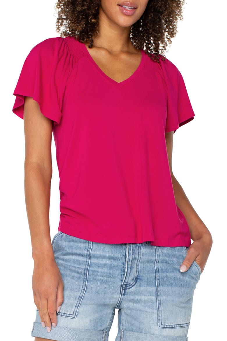 V-Neck Flutter Sleeve Jersey Top, Alternate, color, CERISE