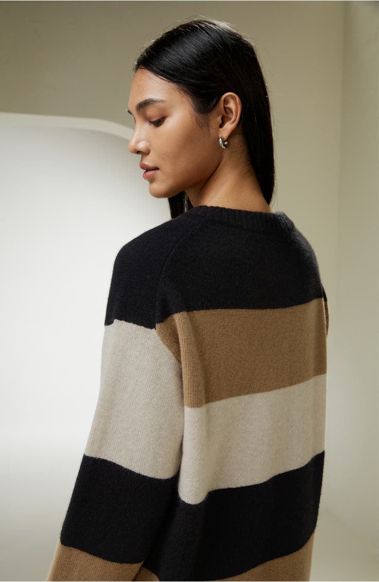 Lilysilk Women's Tri-colored Stripe Cashmere Sweater, Alternate, color, Black&Camel&Beige