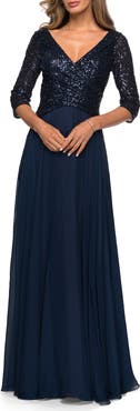 La Femme Long Chiffon Evening Gown with Sequined Bodice