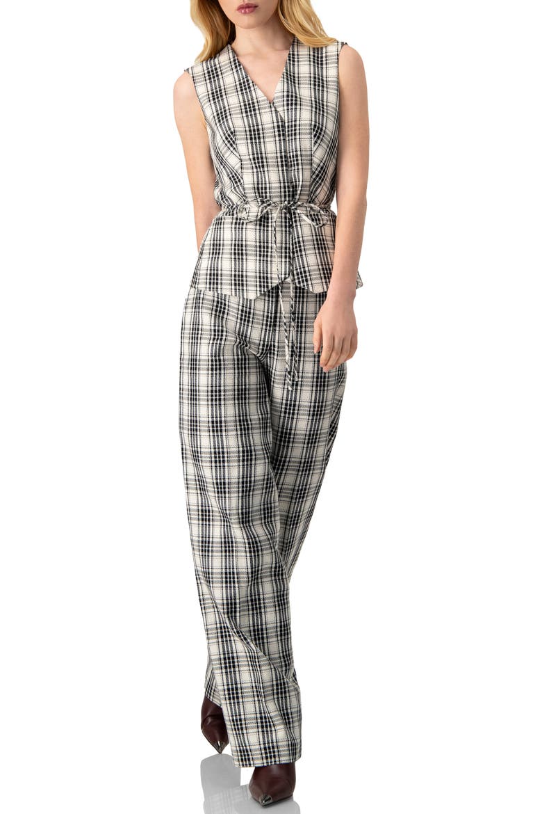 Tailored Straight-Leg Pants in Black and White Plaid, Alternate, color, Black