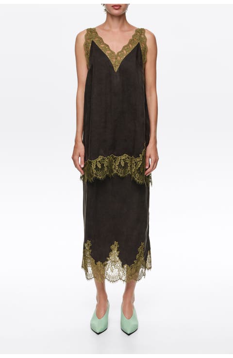 Long Camisole Top with Lace Trim