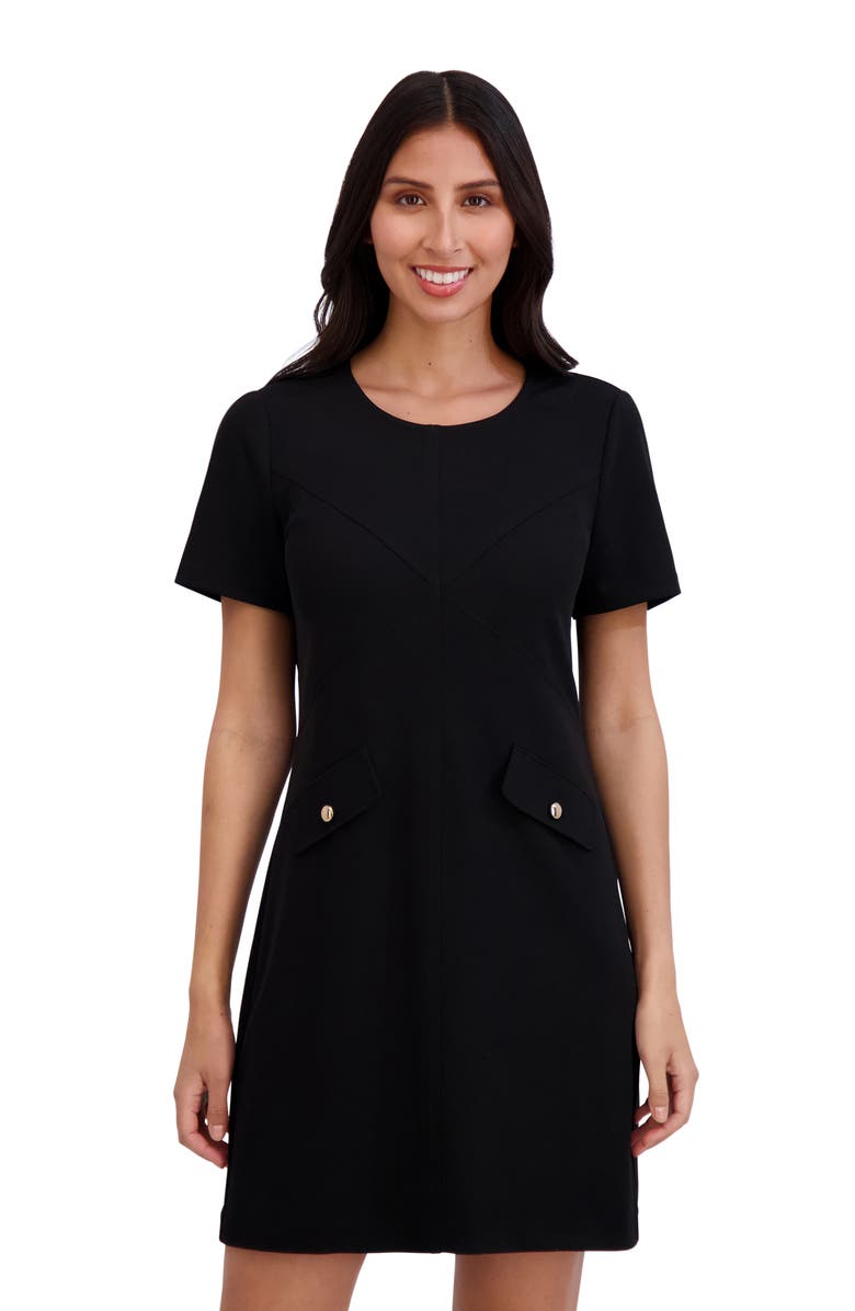 London Times Seamed Short Sleeve Shift Dress, Alternate, color, Black