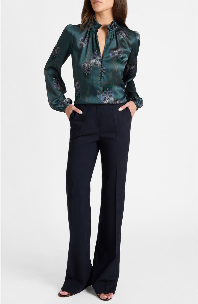 Santorelli Astrid Long Sleeve Ruffle-Neck Printed Top, Alternate, color, Steel Teal