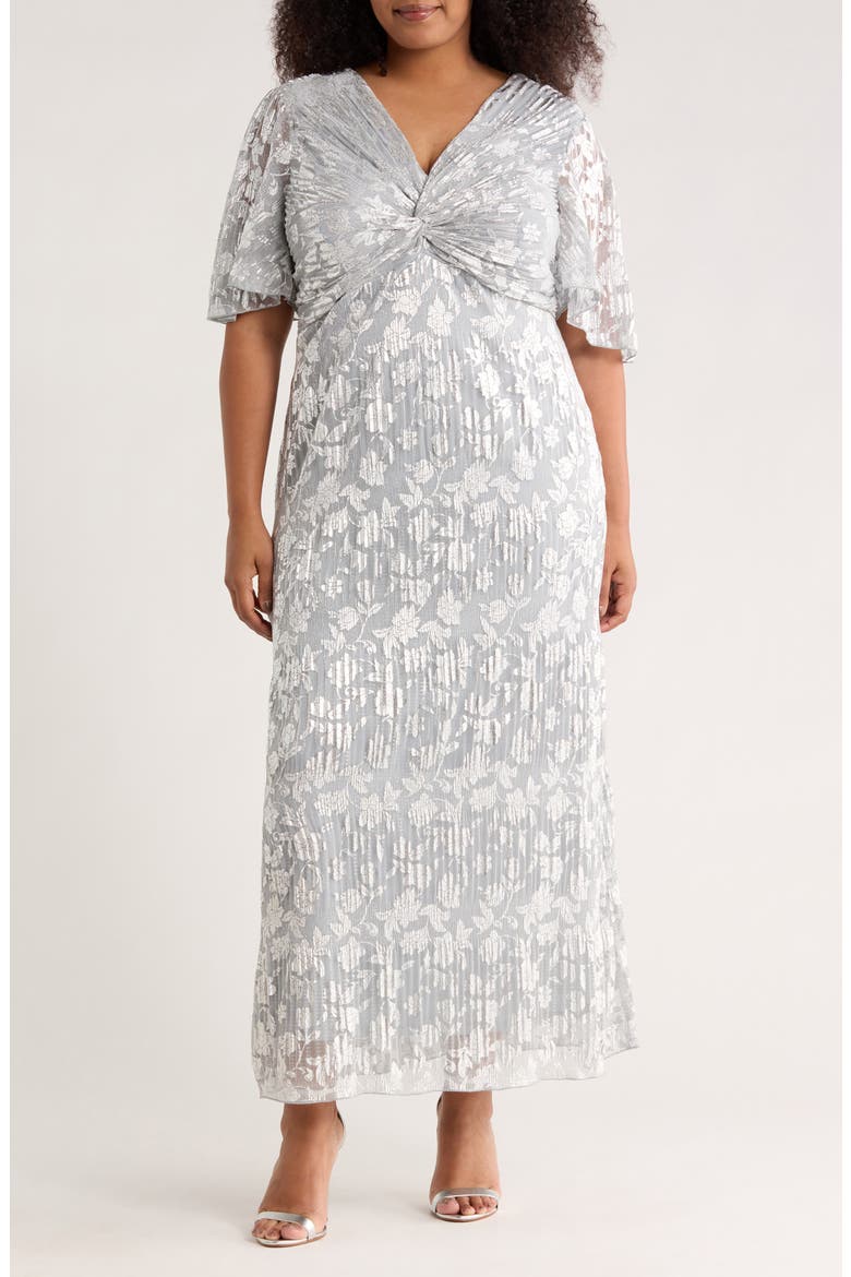 Pleated Foil Knot Gown, Main, color, SILVER