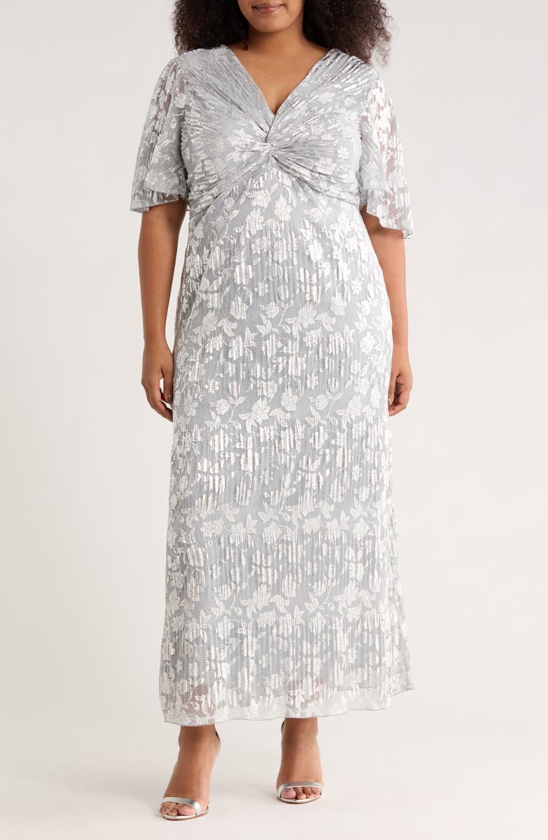 Oleg Cassini Pleated Foil Knot Gown, Main, color, Silver