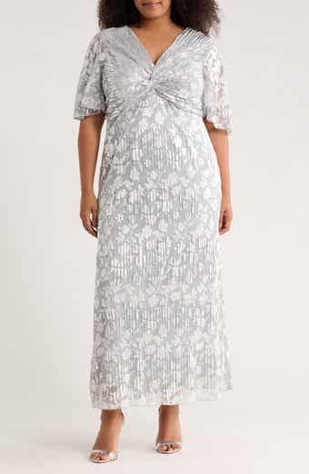 Oleg Cassini Pleated Foil Knot Gown