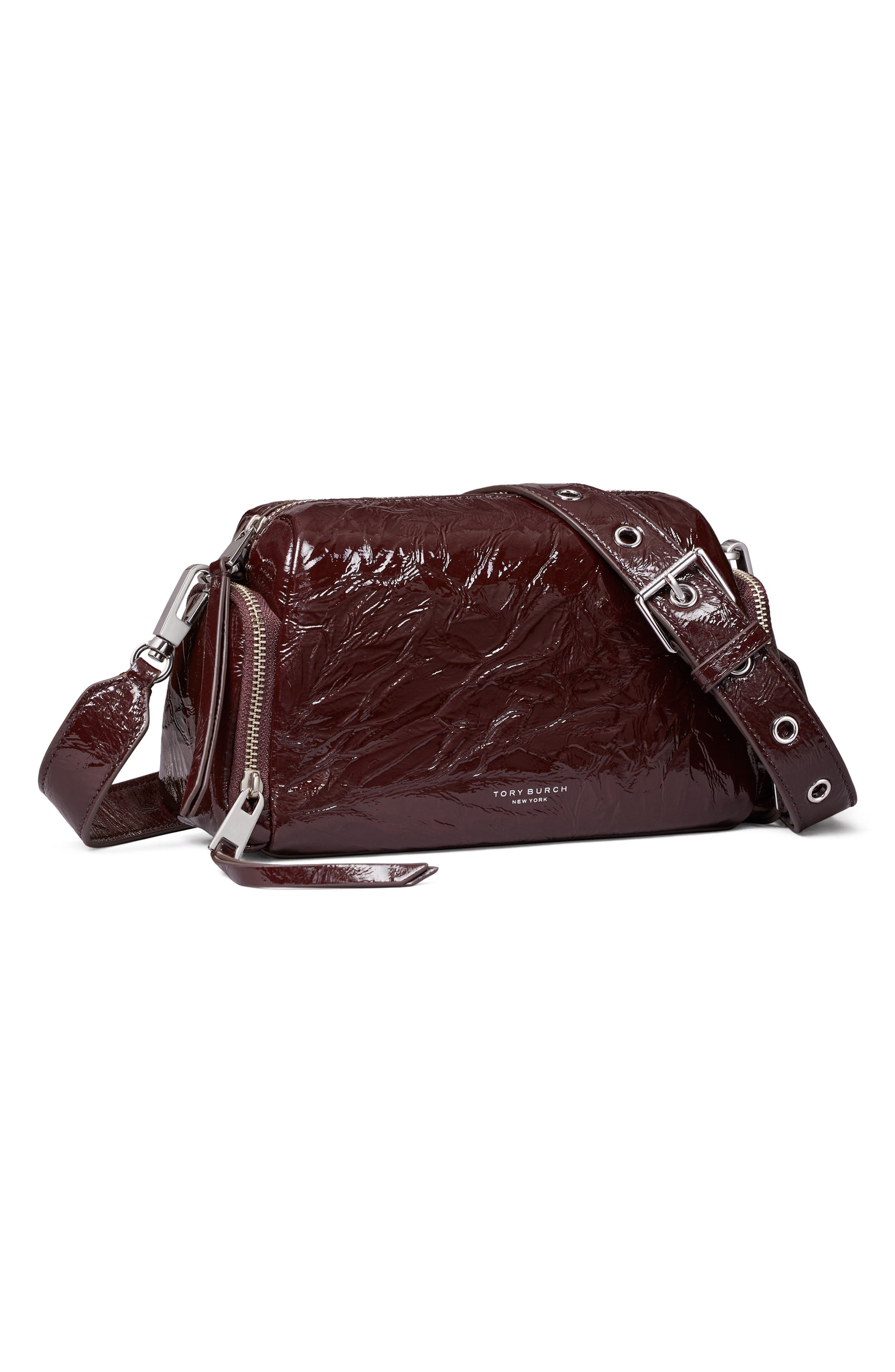 Perry Voyager Crinkled Patent Leather Crossbody Bag, Alternate, color, ALBAROSSA
