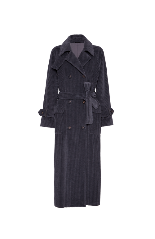 Brunello Cucinelli Corduroy Belted Trench Coat In Gray