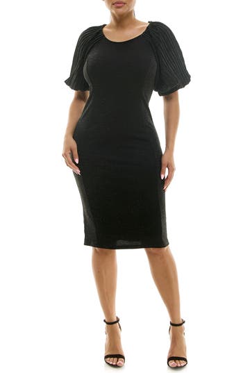 Nina Leonard Pleated Puff Sleeve Glitter Sheath Dress In Black