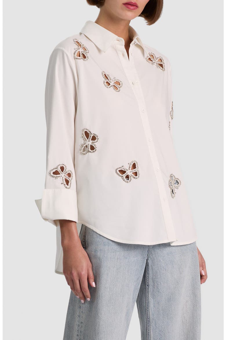 Rhinestone Butterfly Cutout Detail Button-Up Shirt, Alternate, color, OFF WHITE/ SILVER CRYSTAL