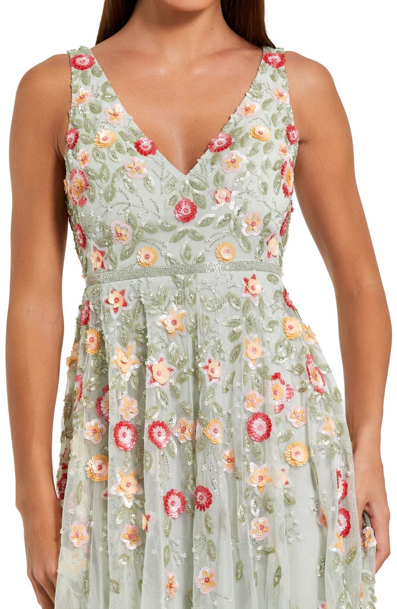 Mac Duggal V-Neck Sleeveless Midi Floral Beaded A-Line Dress, Alternate, color, Sage Multi