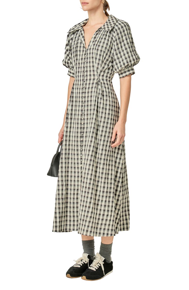 English Factory Gingham Puff Sleeve Seersucker Shirtdress, Alternate, color, Black