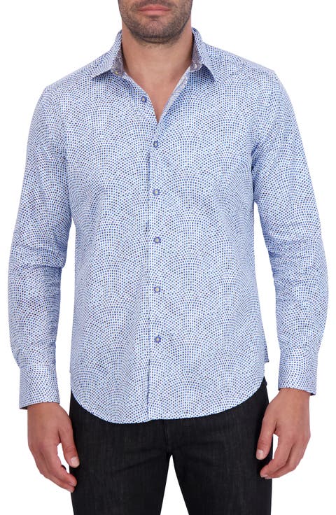 Abstract Grid Print Stretch Cotton Button-Down Shirt