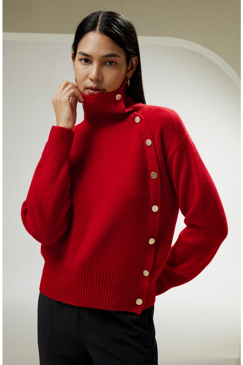 Women's Cashmere Sweater With Row of Side Buttons, Alternate, color, Red