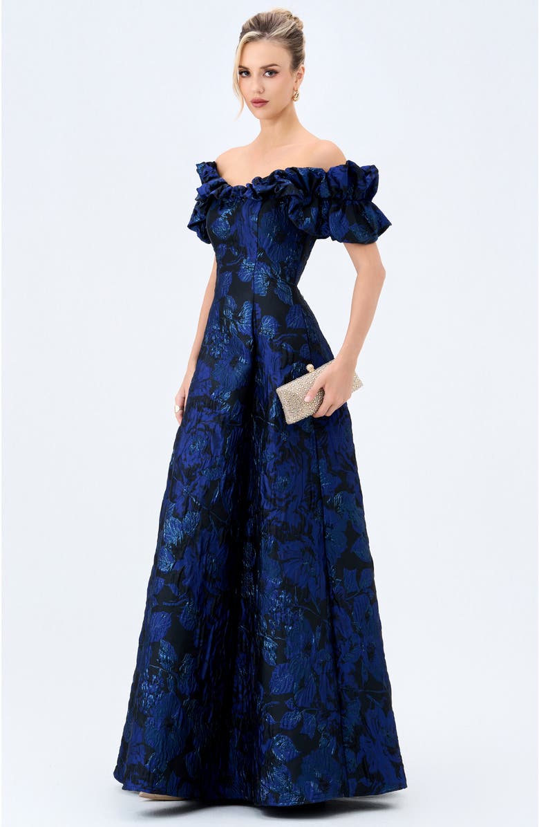 Bariano Maliyah Off Shoulder Gown, Main, color, Navy