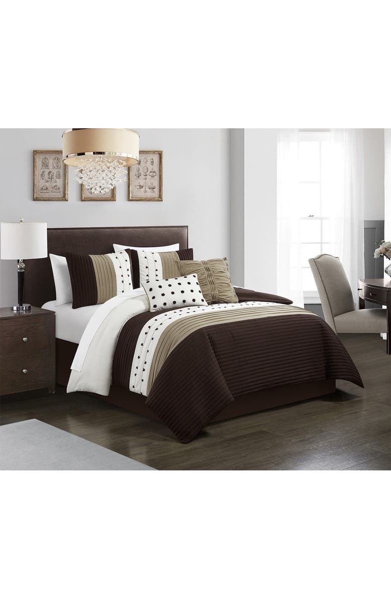 CHIC Lannie Color Block Pleated Embroidered Design King Comforter Set - Brown - 5-Piece Set, Main, color,