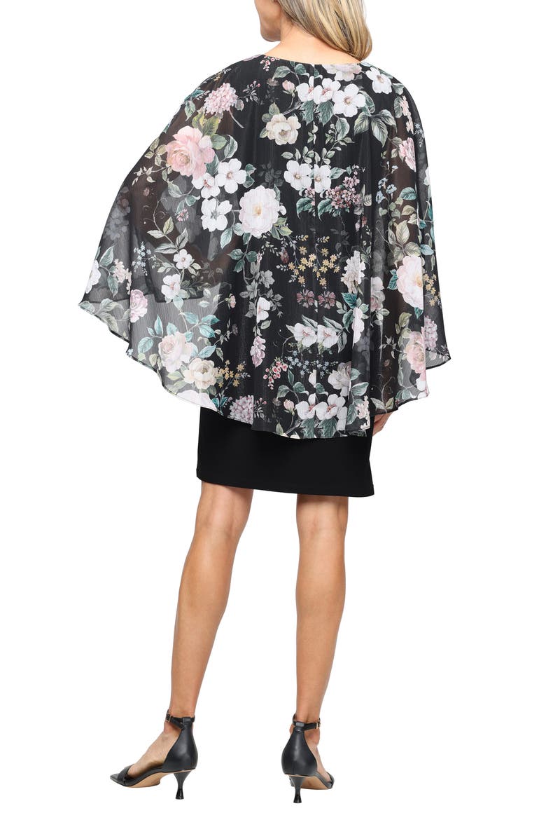 Floral Print Metallic Cape Matte Jersey Cocktail Dress, Alternate, color, BLACK MULTI