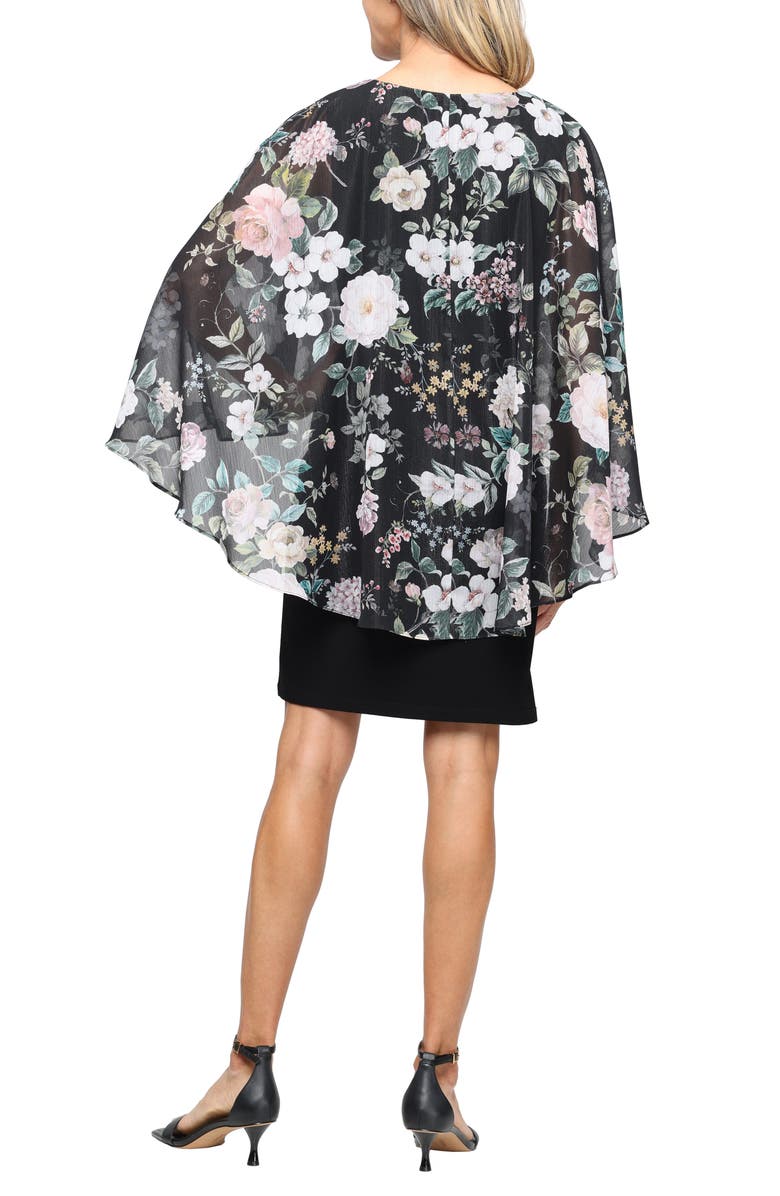 SL FASHIONS Floral Print Metallic Cape Matte Jersey Cocktail Dress, Alternate, color, 