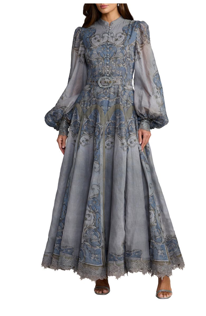 Mac Duggal Petite Baroque Print Bishop Sleeve A-Line Ankle Dress, Main, color, Slate Blue