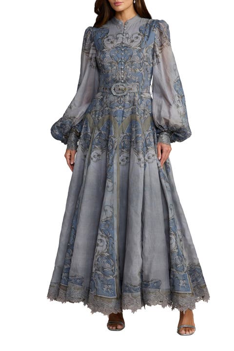 Petite Baroque Print Bishop Sleeve A-Line Ankle Dress