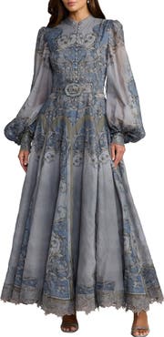 Mac Duggal Petite Baroque Print Bishop Sleeve A-Line Ankle Dress