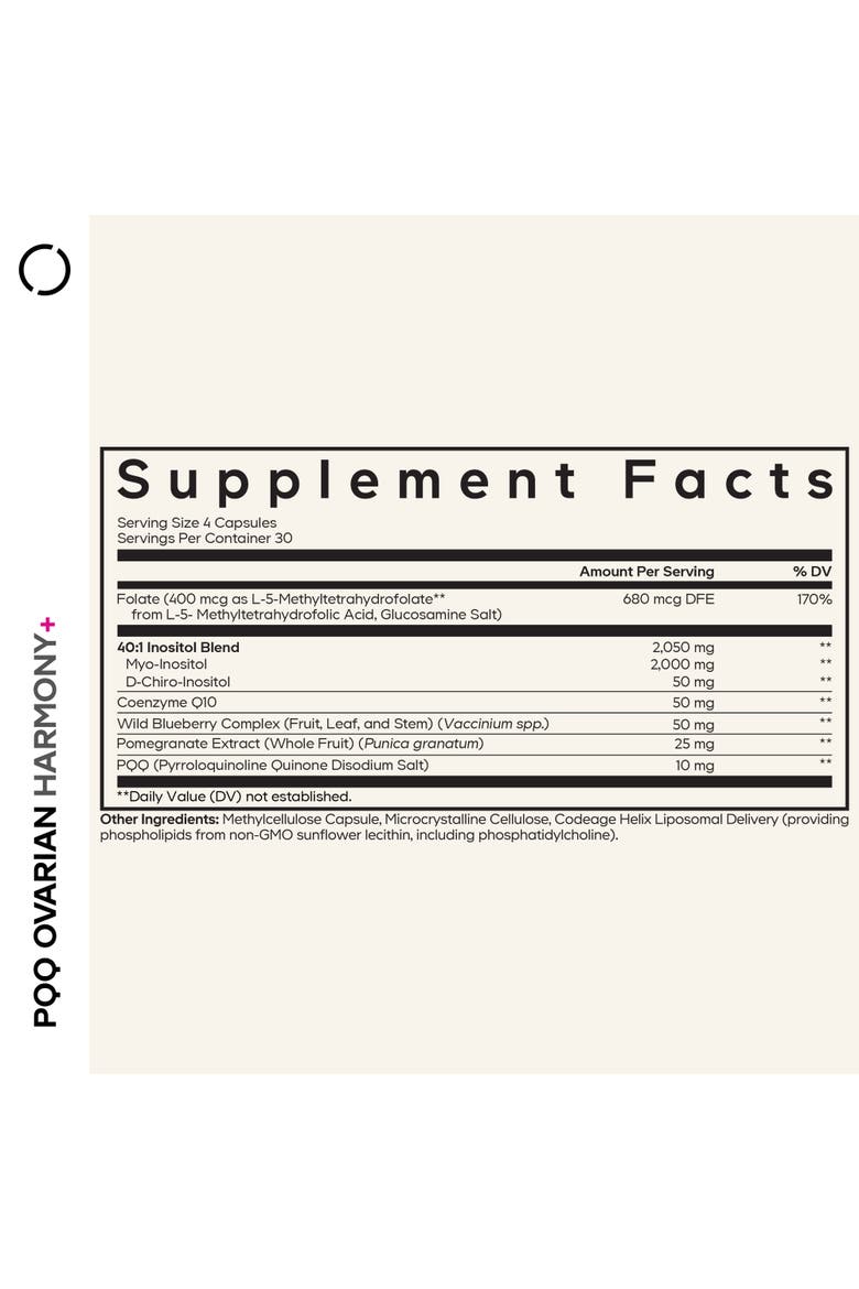 PQQ Ovarian Harmony, Myo + D-Chiro-Inositol, CoQ10, Folate, Pyrroloquinoline Quinone, Alternate, color, White