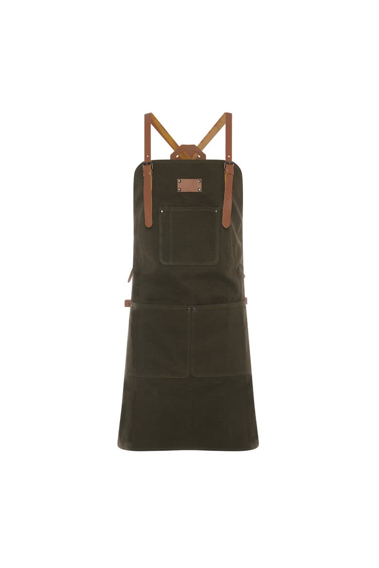 Waxed Canvas Work Apron with Leather Straps & Utility Pockets, Main, color, Olive Green