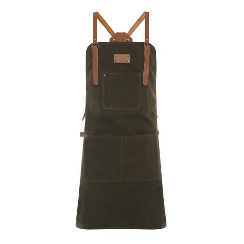 Waxed Canvas Work Apron with Leather Straps & Utility Pockets