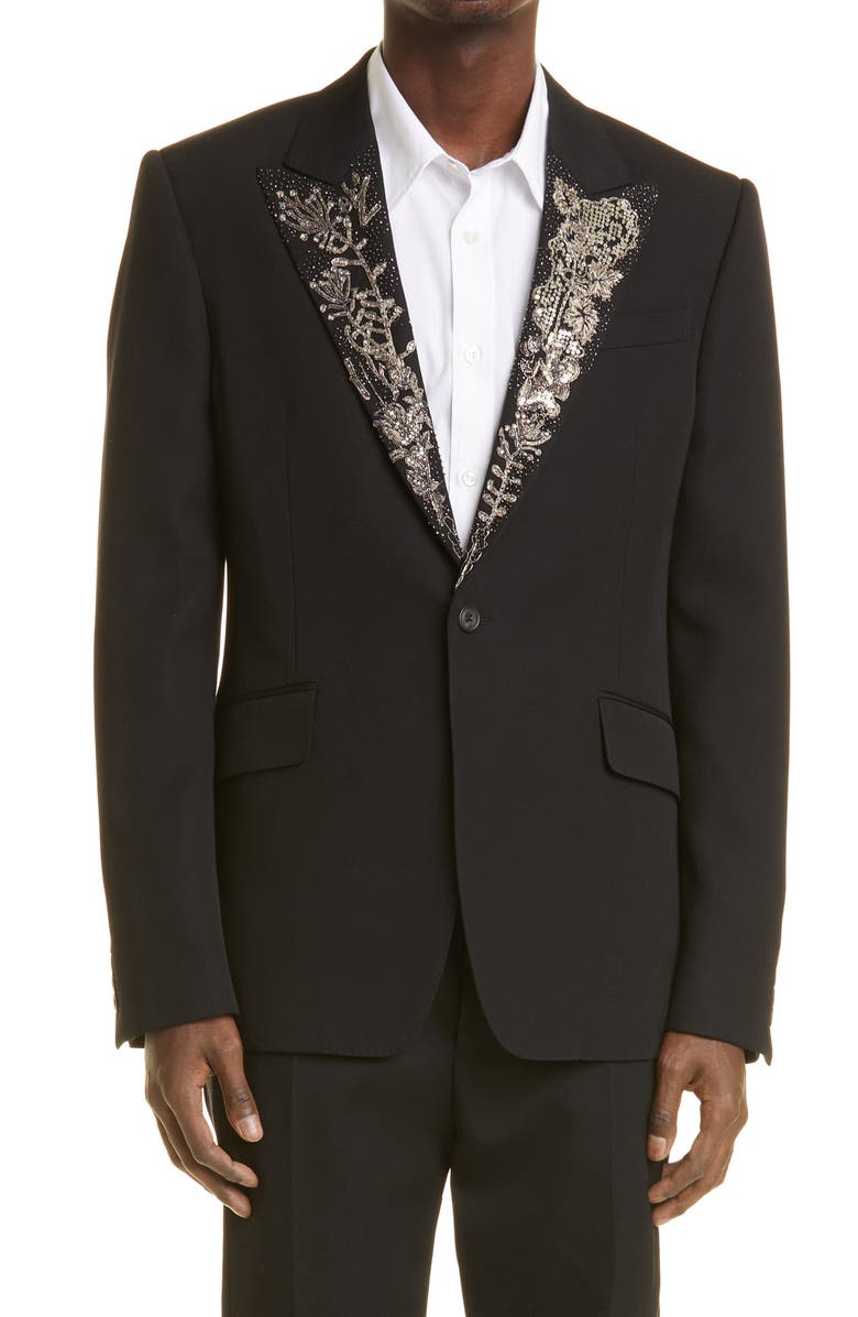 McQueen Alexander McQueen Embellished Wool Tuxedo Jacket, Main, color, 1000 Black