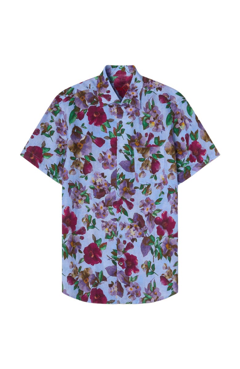 Robert Talbott Morgan Printed Floral Linen Short Sleeve Shirt, Alternate, color, Blue