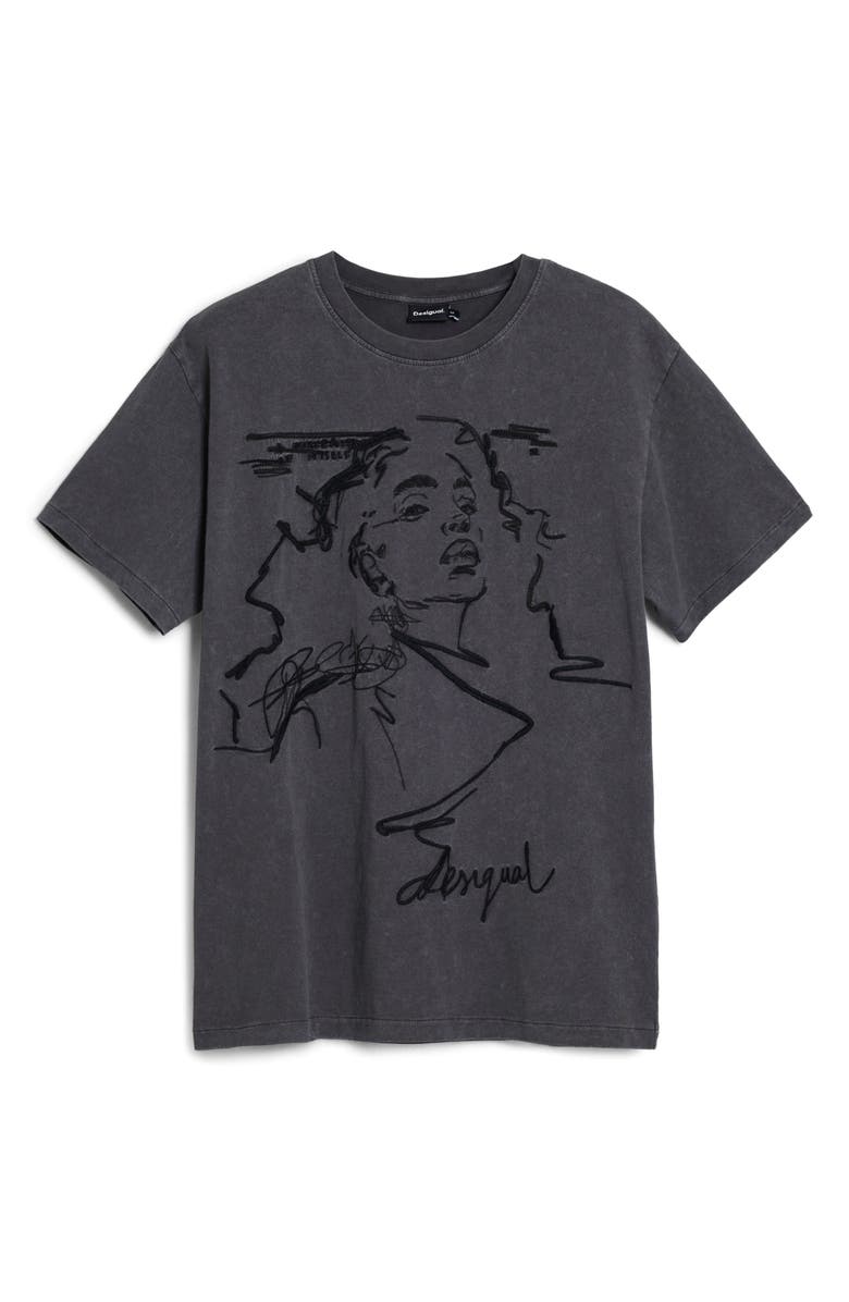 Desigual Embroidered Face Cotton T-Shirt, Alternate, color, Gray