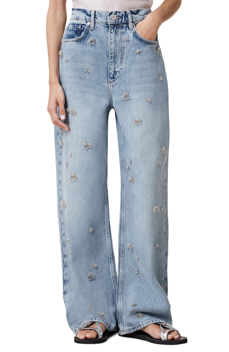 AllSaints Blake High Waist Embroidered Wide Leg Jeans, Main, color,