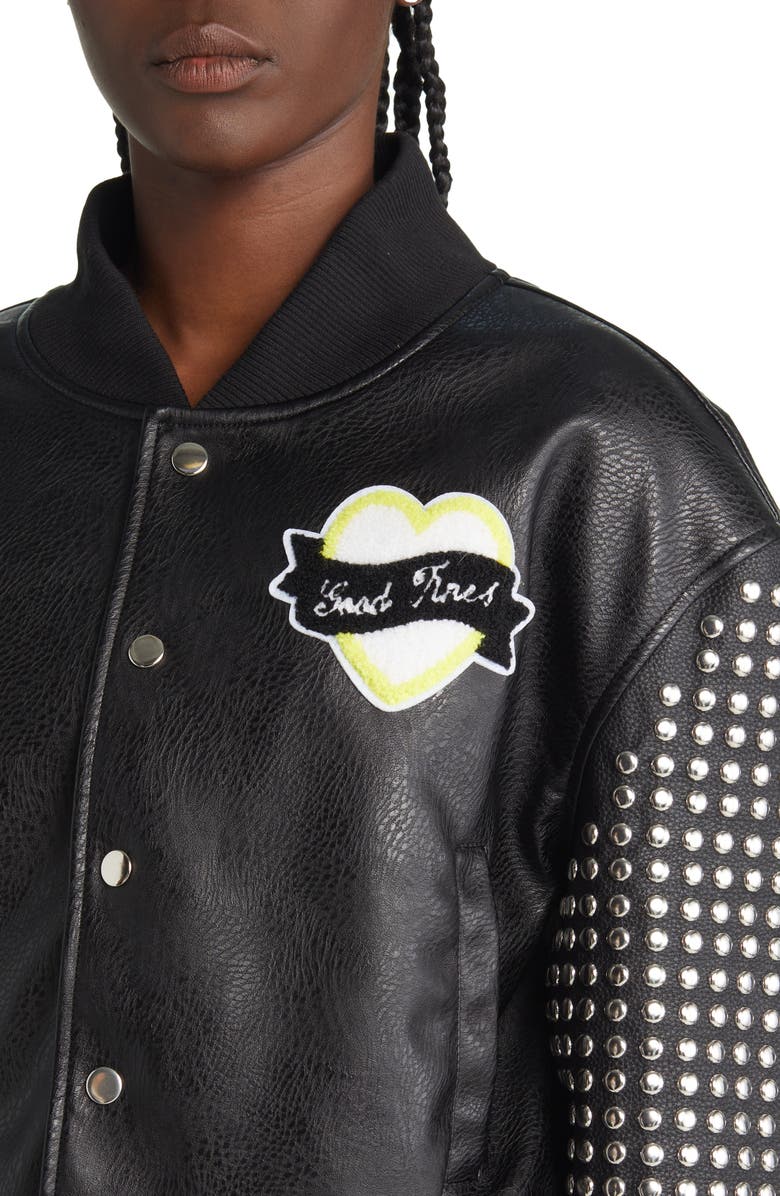 AZALEA WANG Stud Faux Leather Snap Bomber Jacket, Alternate, color,