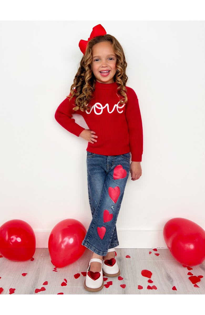 Mia Belle Girls Red Love Sweater and Heart Denim Pant Set, Alternate, color, Red