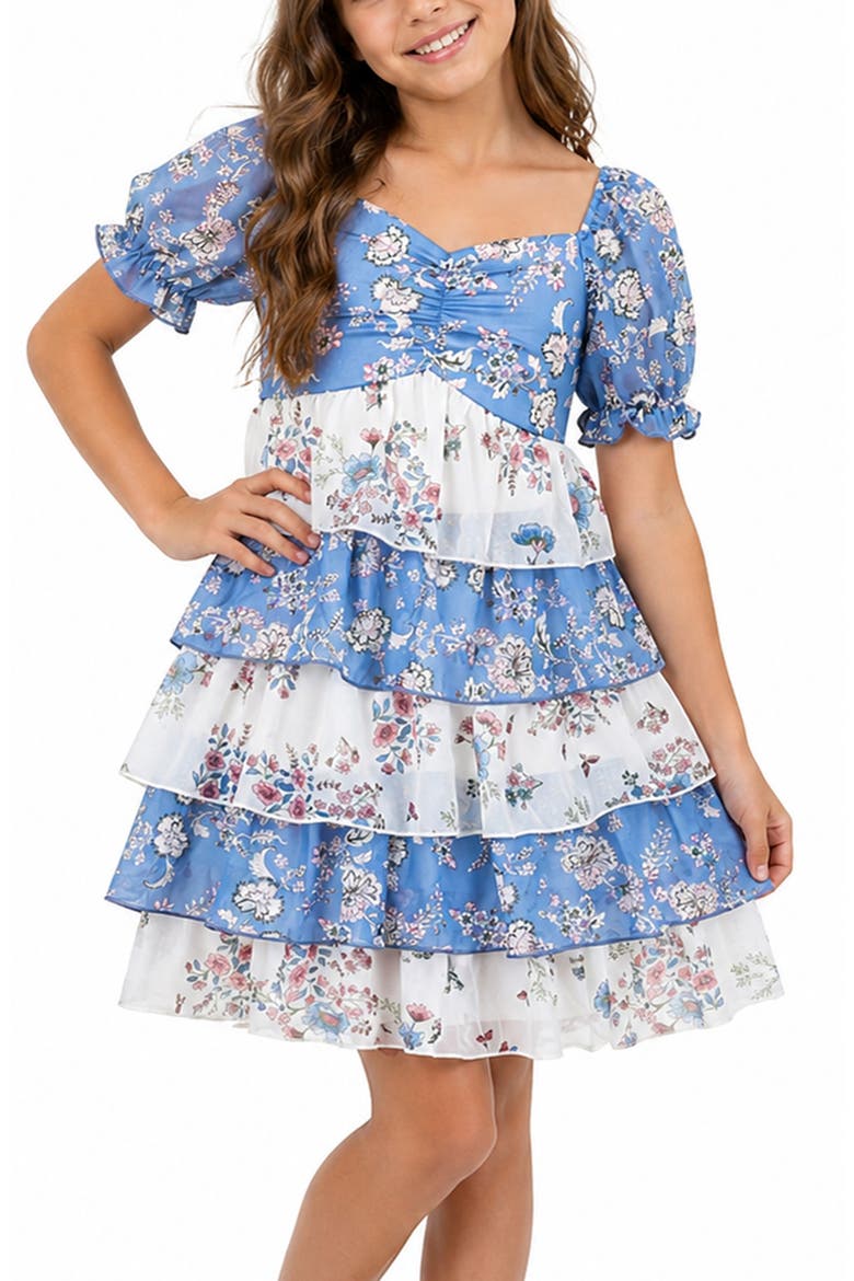 Kids' Tiered Floral Dress, Alternate, color, BLUE MULTI
