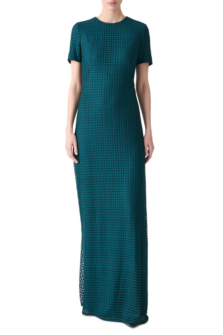 Flower Grid Embroidered Tulle Trumpet Gown, Main, color, RIVER GREEN