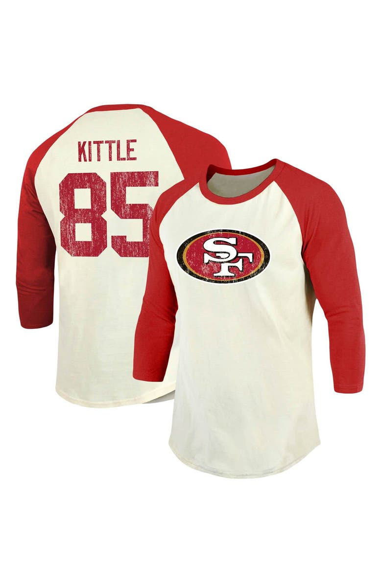 Majestic Threads Men's Majestic Threads George Kittle Cream/Scarlet San Francisco 49ers Vintage Player Name & Number 3/4-Sleeve Fitted T-Shirt, Main, color, 
