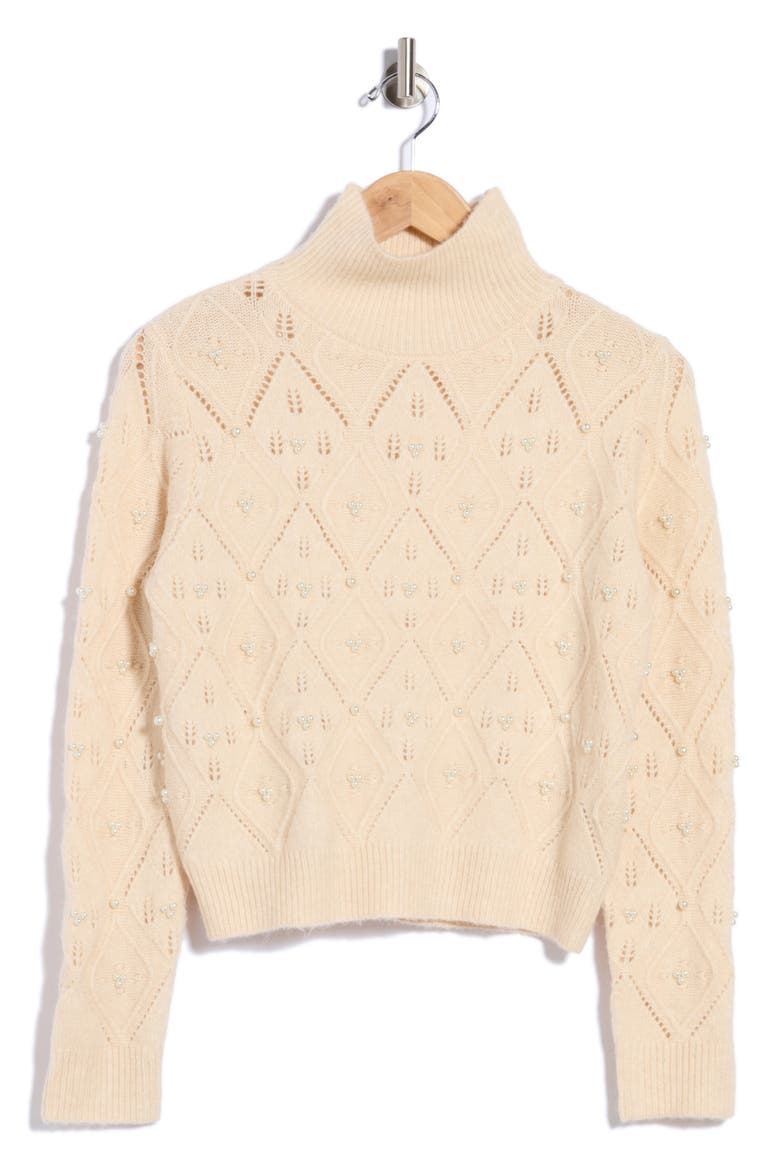 Imitation Pearl Pointelle Turtleneck Sweater, Main, color, ANTIQUE IVORY