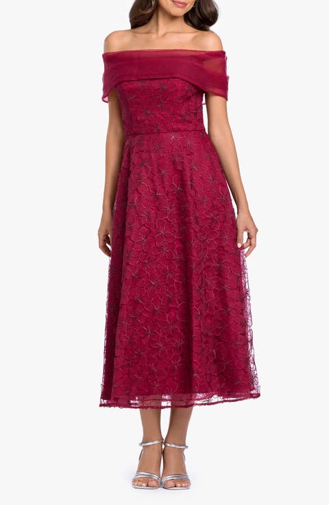 Embroidered Off the Shoulder Midi Gown