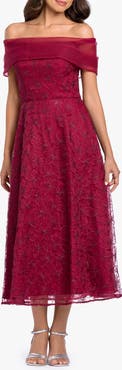 Betsy & Adam Embroidered Off the Shoulder Midi Gown