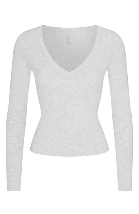 Cotton Jersey V-Neck Long Sleeve T-Shirt