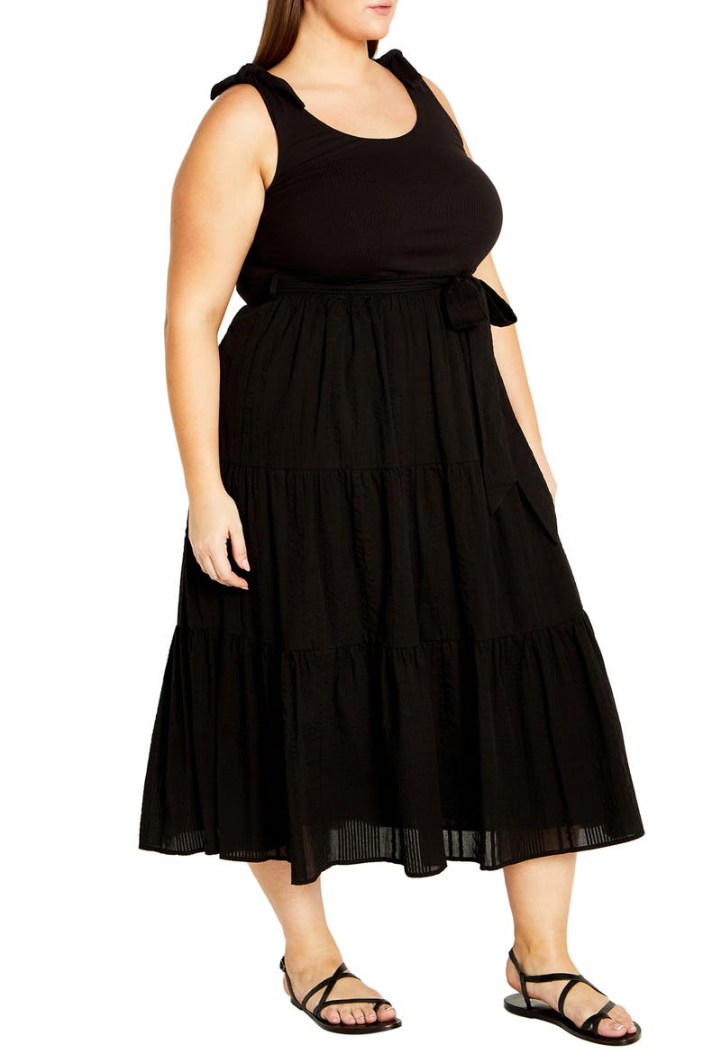 Hallie Mixed Media Tiered Midi Dress, Alternate, color, BLACK