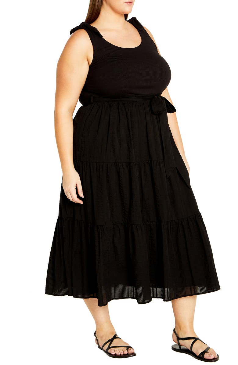 City Chic Hallie Mixed Media Tiered Midi Dress, Alternate, color, Black