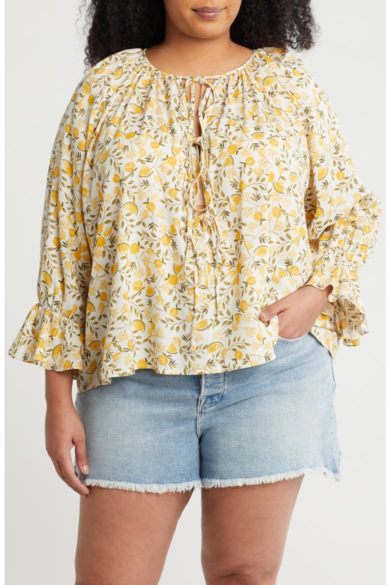 Lemon Print Tie Keyhole Long Sleeve Top, Main, color, TAUPE