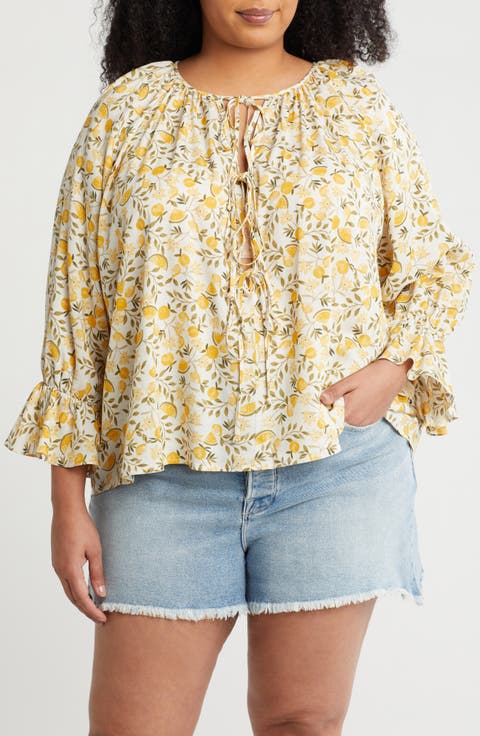 Lemon Print Tie Keyhole Long Sleeve Top (Plus)