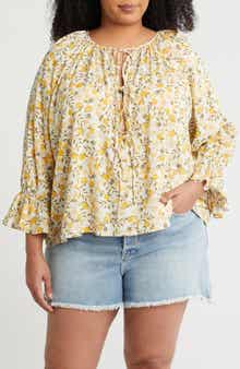 Renee C Lemon Print Tie Keyhole Long Sleeve Top
