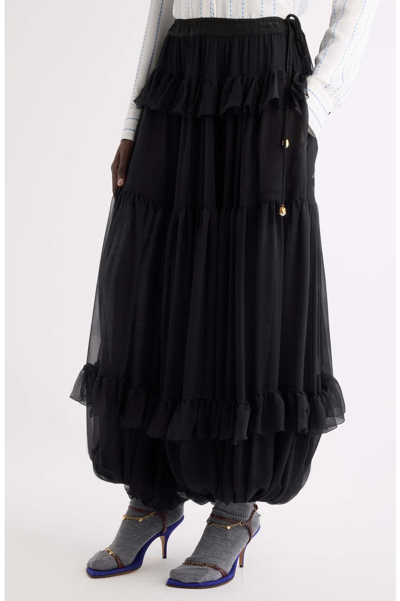 Ruffle Tiered Silk Mousseline Bubble Skirt, Alternate, color, BLACK