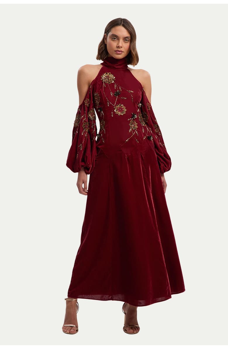 Karen Millen Velvet Embroidered High Neck Maxi Dress, Main, color, Rust