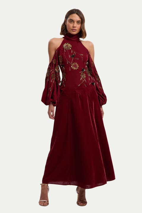 Velvet Embroidered High Neck Maxi Dress