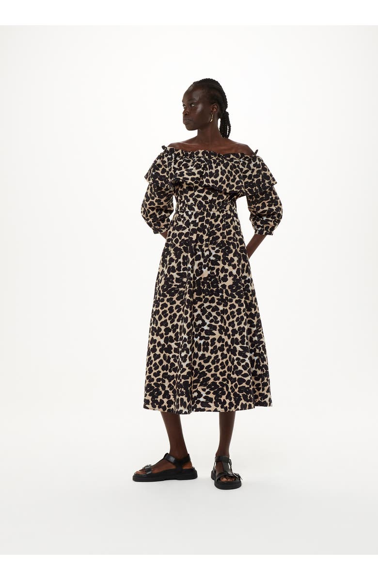 Whistles Leopard Spot Bardot Midi Dress, Main, color, Leopard Print